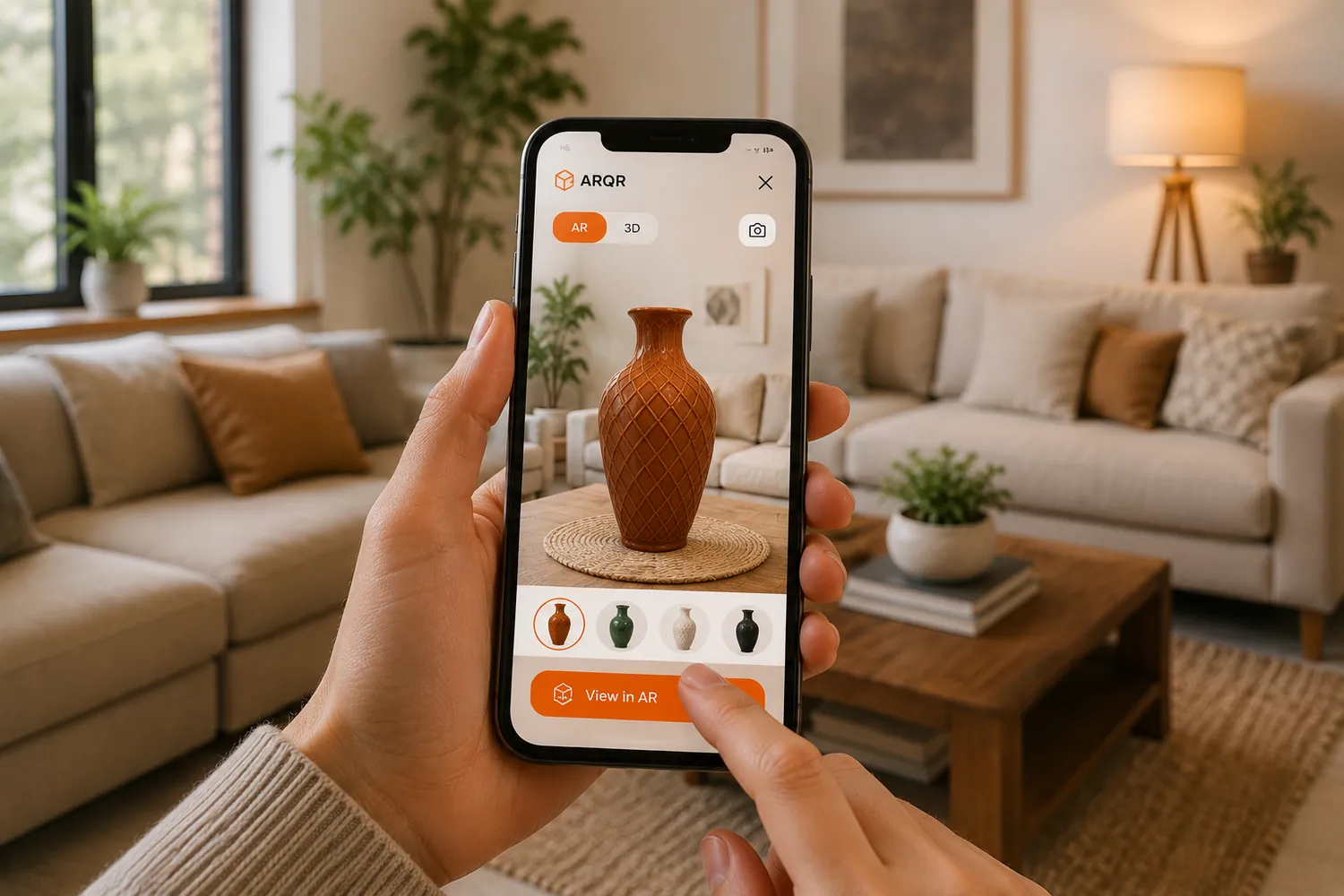 A customer viewing a product in their room through a phone