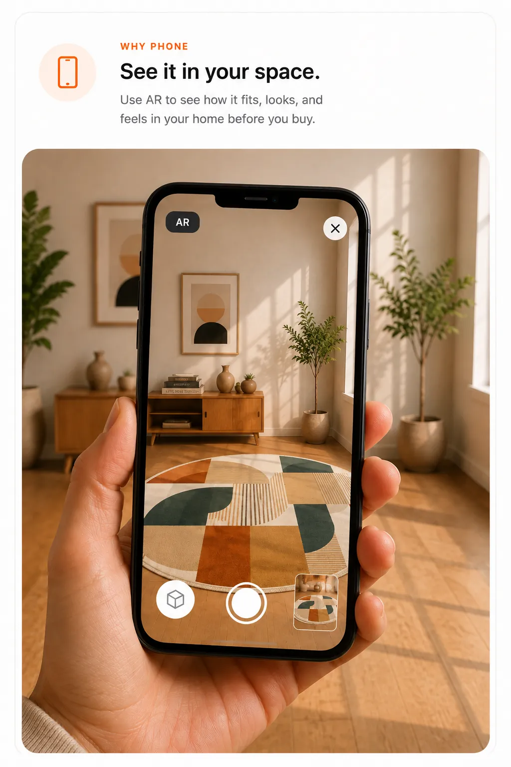 A phone showing the product placed in a real room