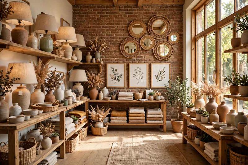 Small home decor shop stocked with lamps, mirrors, vases and framed art