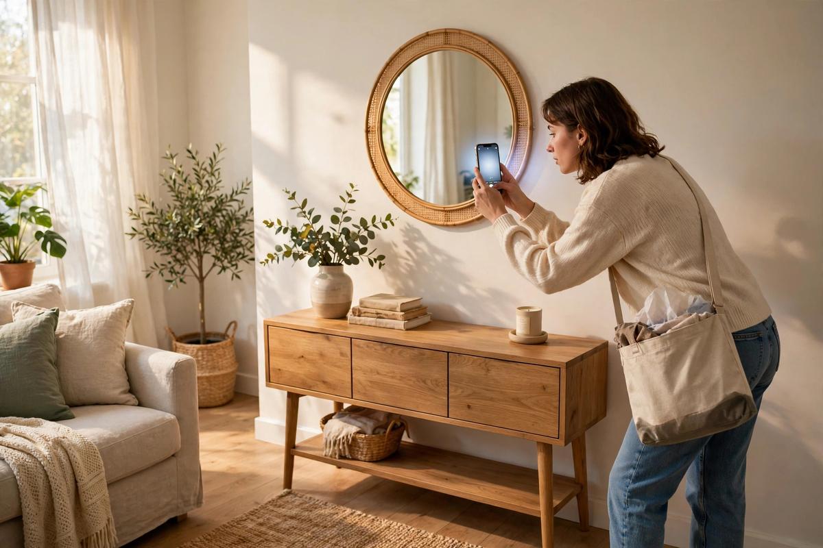 Shopper pointing her phone at a round wall mirror in her living room