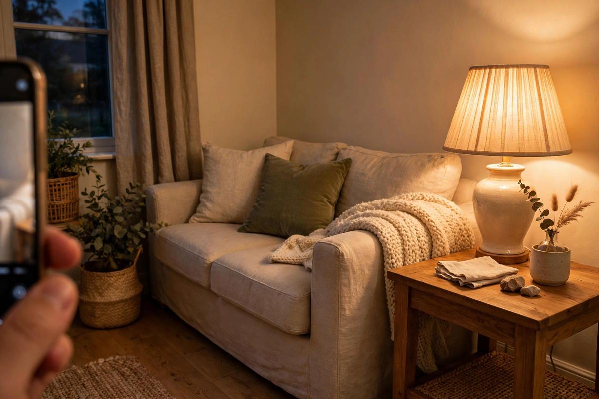 Table lamp shown true to size in a living room through a phone