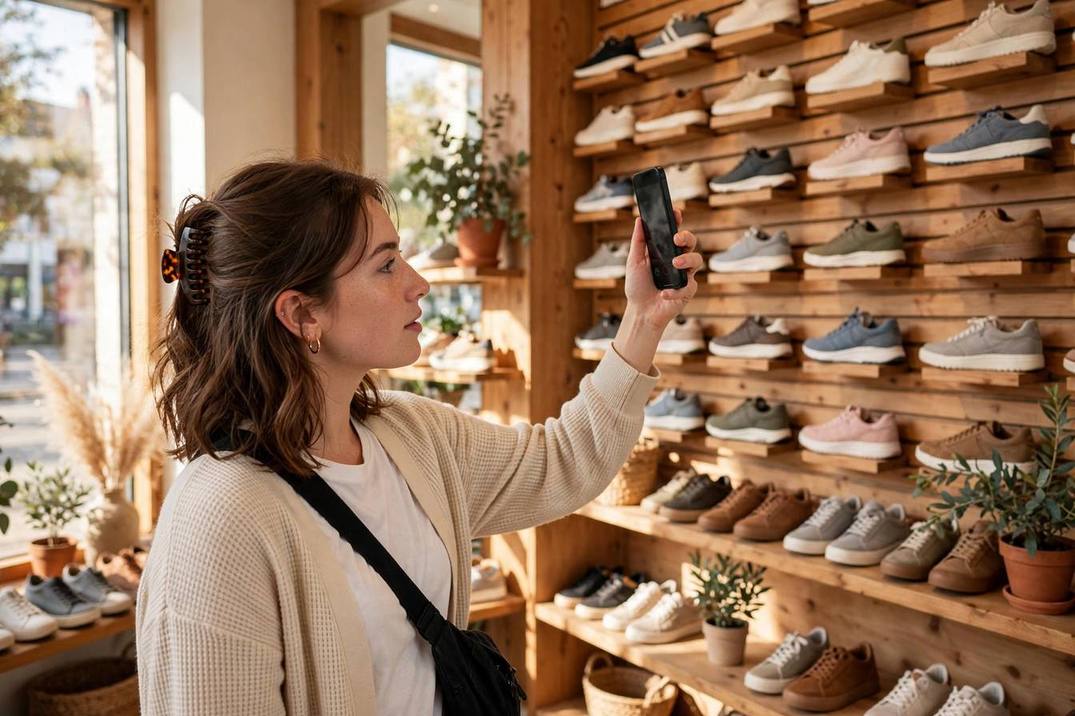 A shopper in a shoe store pointing her phone at a sneaker display