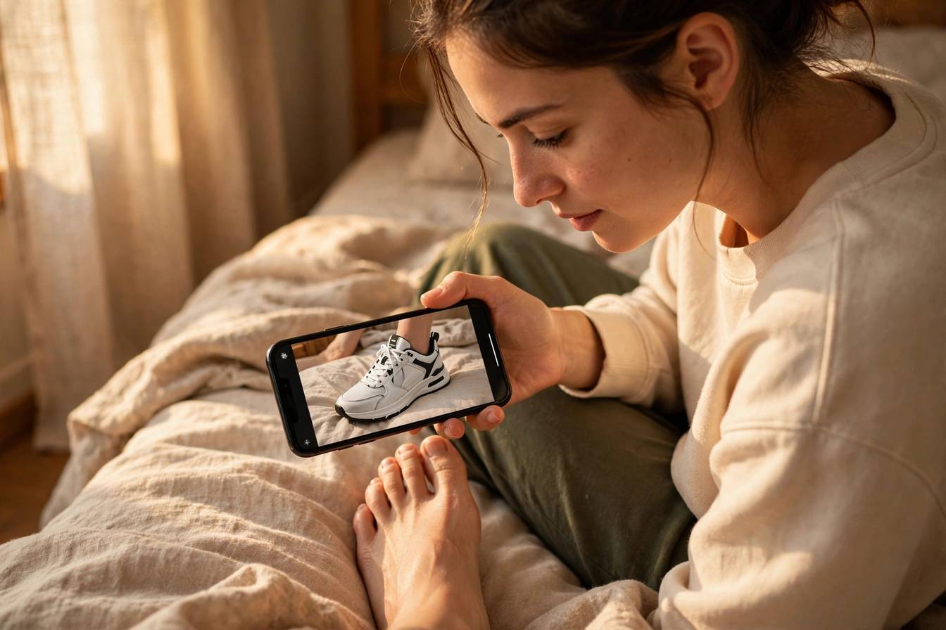 A person pointing a phone at their own foot, with a sneaker shown on the screen