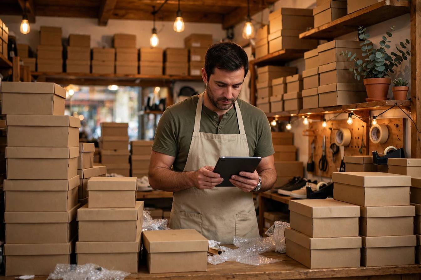 A small shoe shop owner checking a tablet among stacked shoe boxes