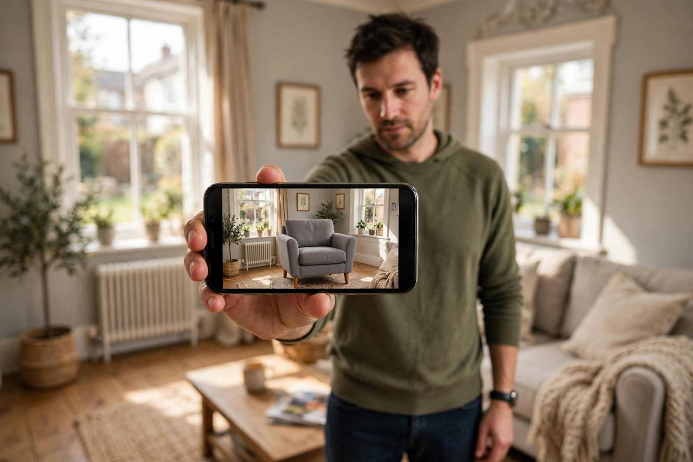 Shopper holding a smartphone showing a grey fabric armchair in true-to-size AR in a bright UK living room