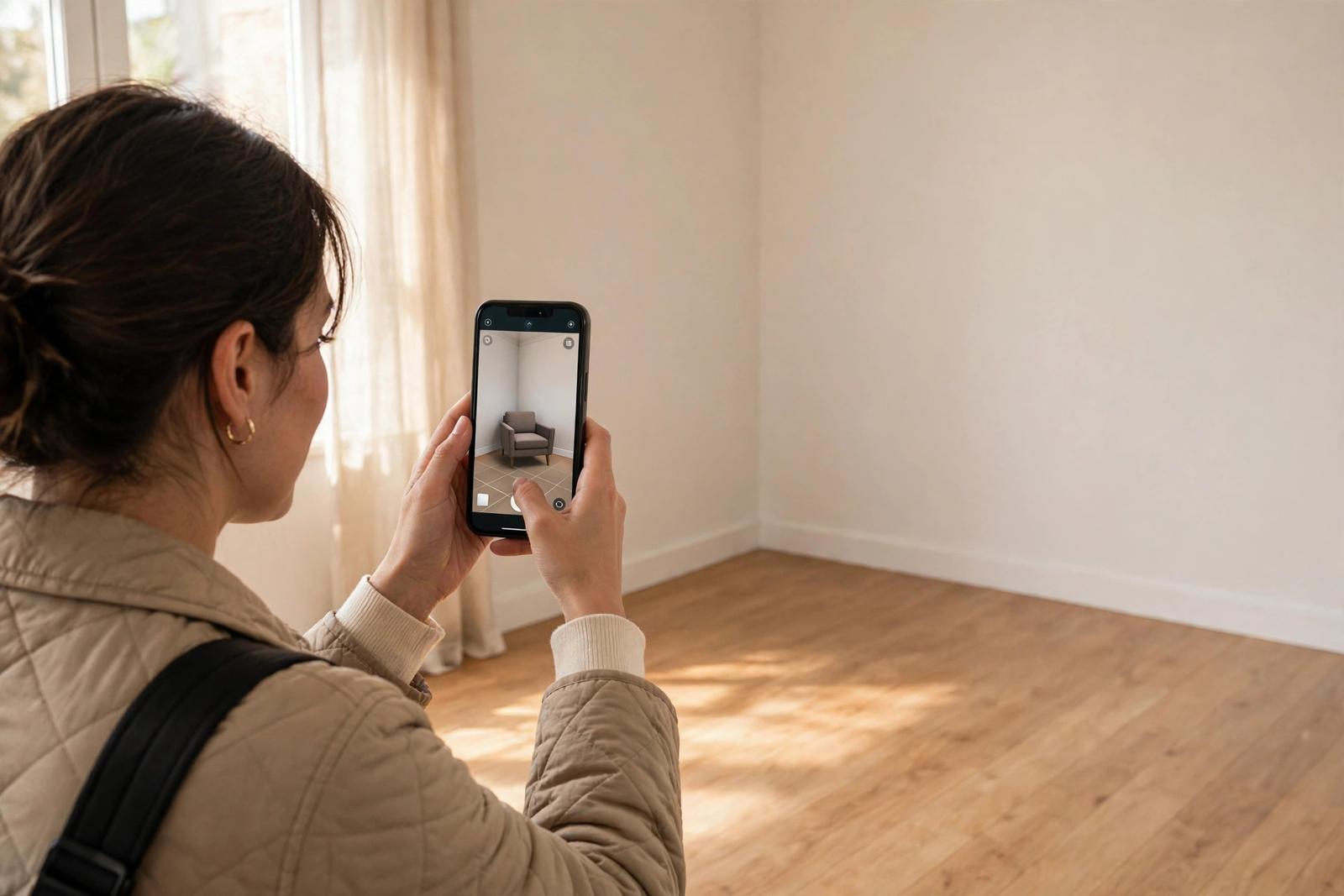 Shopper pointing a smartphone at an empty bright living room corner, phone showing an armchair in true-to-size AR