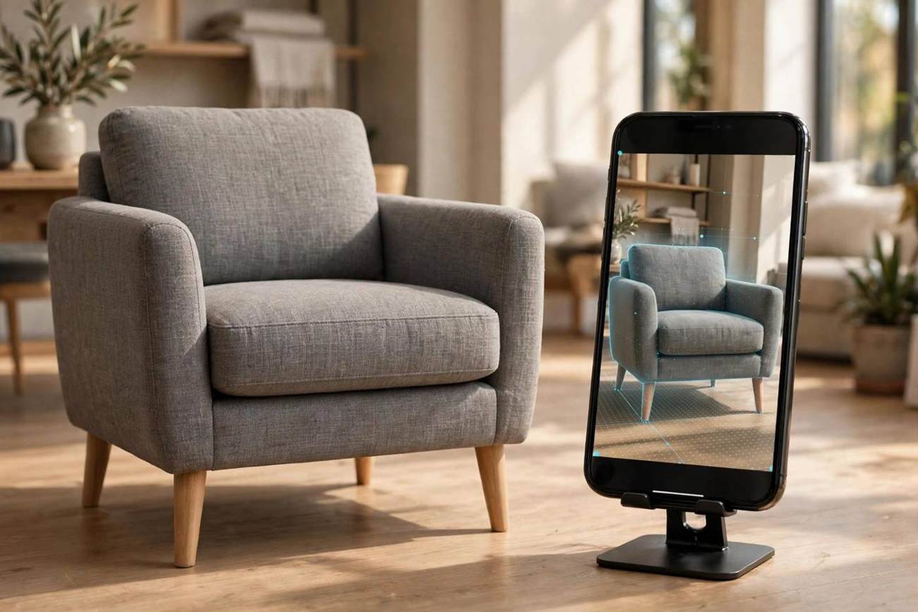 Real grey fabric armchair on a showroom floor next to a smartphone showing the same chair in AR at identical true size