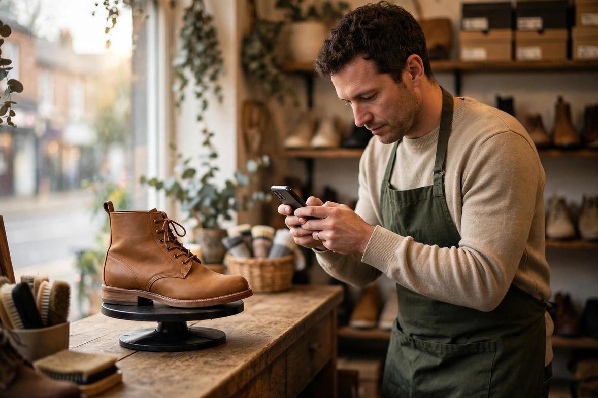 A shoe store owner photographing a leather boot on a turntable to create 3D and AR content