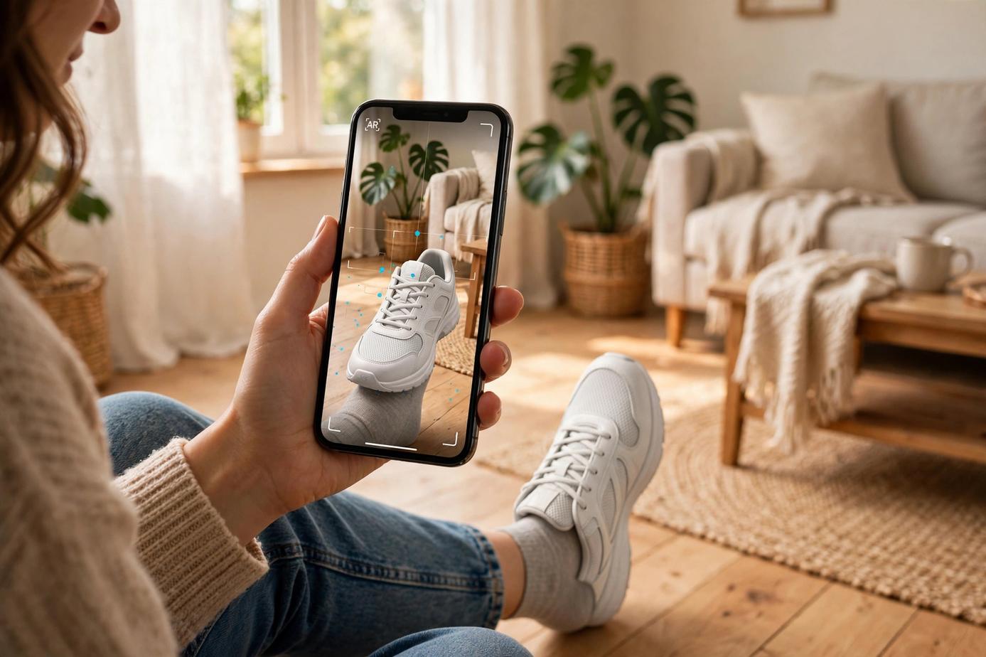 A shopper pointing a phone at her foot to see a sneaker in augmented reality at true size