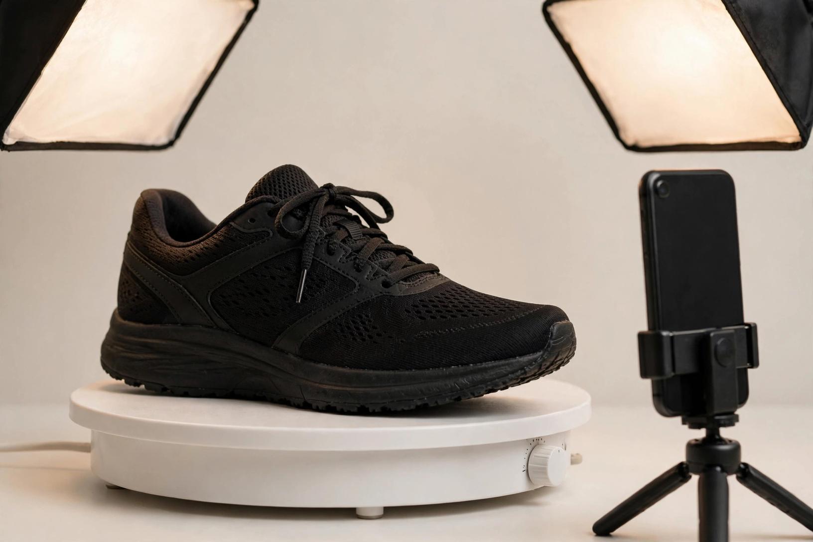A sneaker on a motorized turntable under studio lights being filmed for 3D digitization