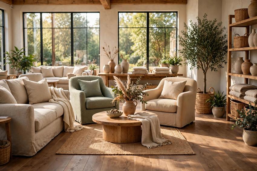 Independent furniture showroom with sofas and armchairs in warm natural light