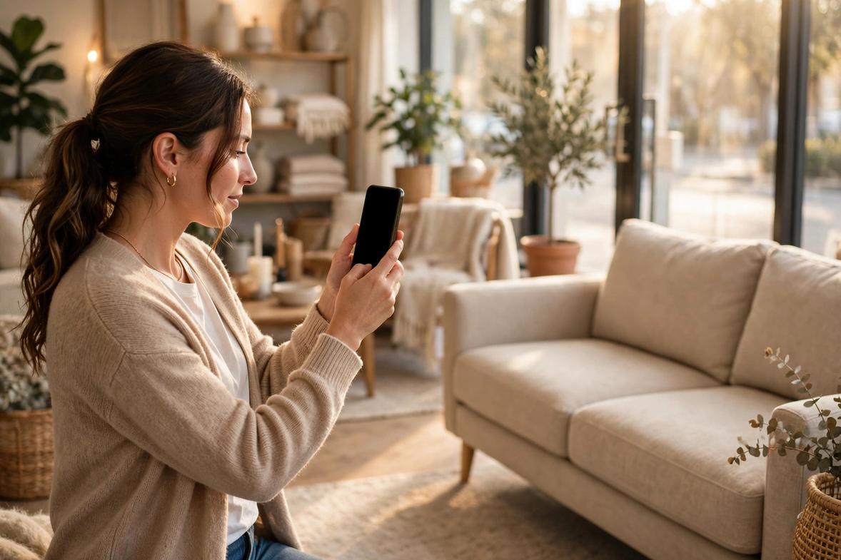 Furniture store owner photographing a sofa with her phone in the showroom