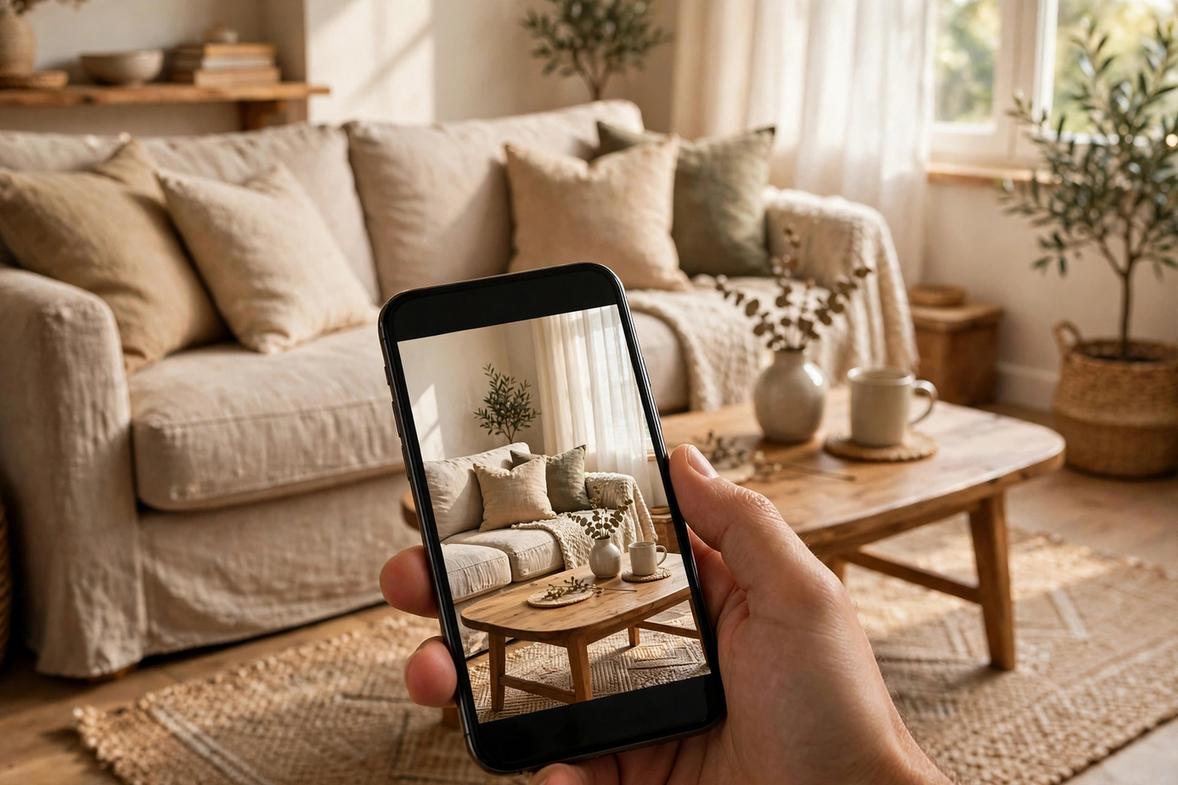Hand holding a phone showing a sofa placed in a living room