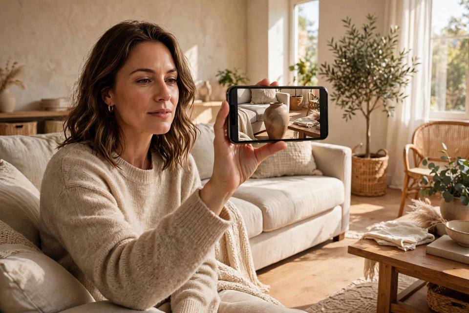 Shopper previewing a ceramic floor vase at true size in her living room through her phone