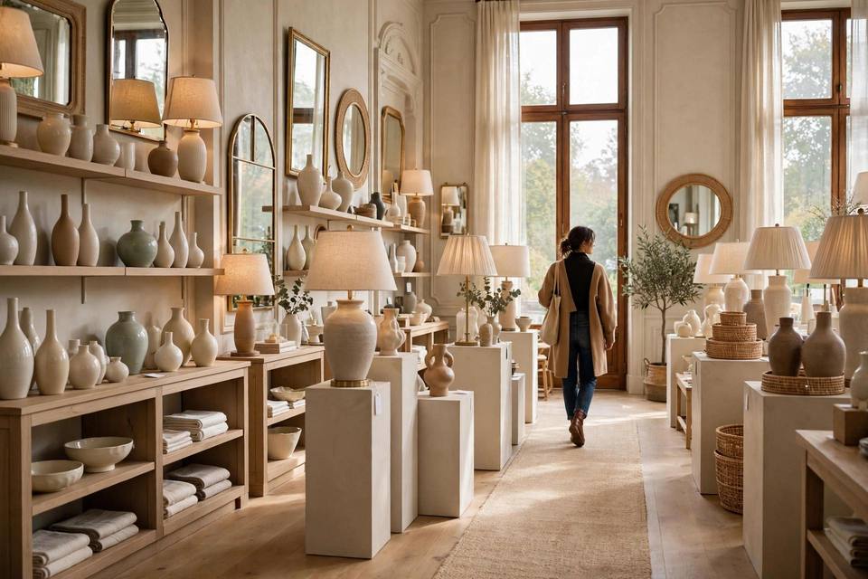 Customer browsing a decor showroom with vases, mirrors, and lamps on display