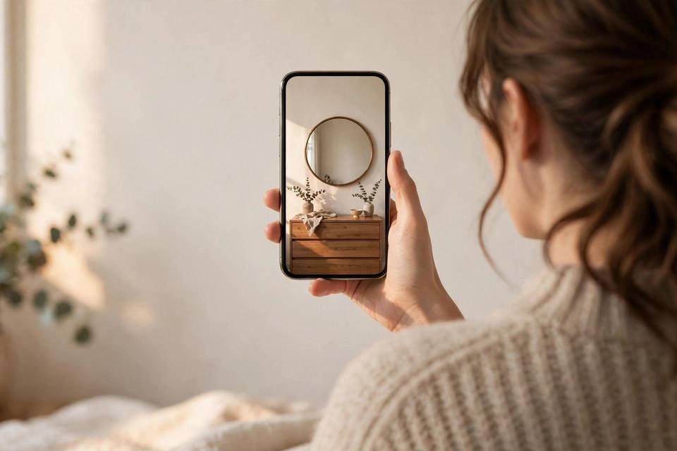 Shopper pointing her phone at a bedroom wall with a mirror appearing at true scale