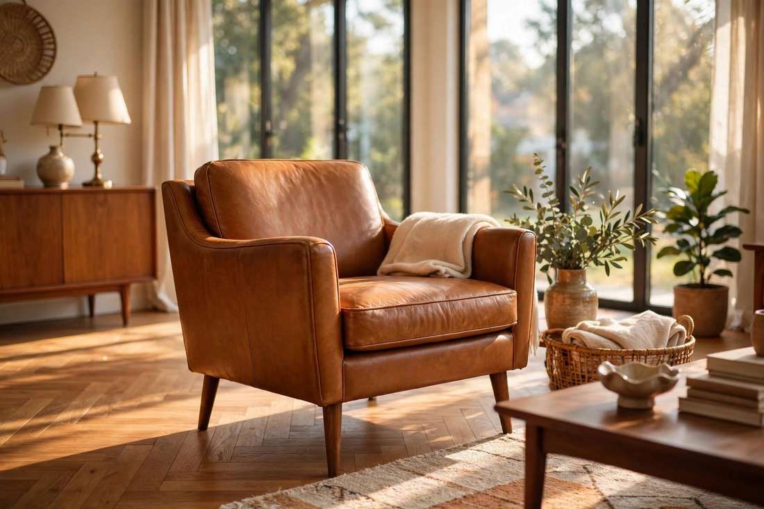 A mid-century leather armchair in a bright living room, the kind of piece furniture shoppers want to check at true size