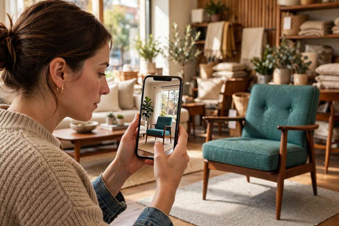 A shopper in a furniture store pointing her phone at an armchair, with the chair shown true-to-size in AR on the phone screen