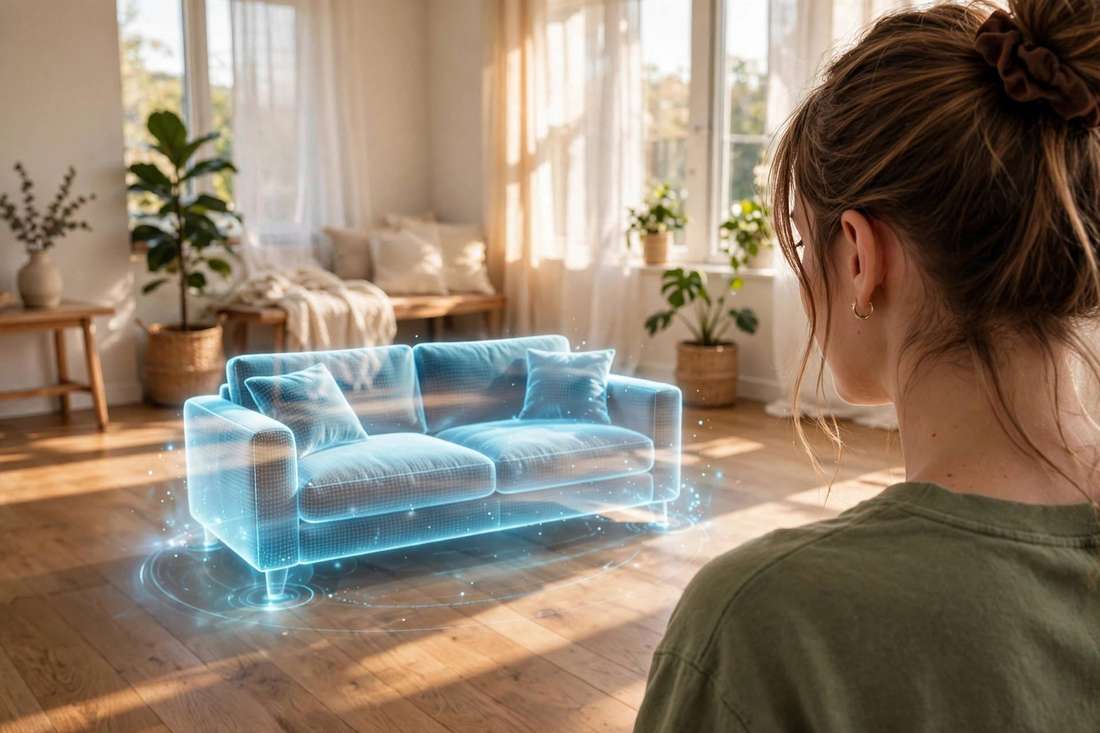 A sofa shown at true size as an AR overlay on a living room floor, viewed over a shopper's shoulder