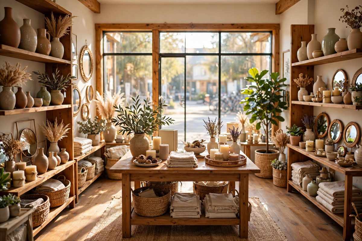 A small independent home decor boutique with wooden shelves of vases, lamps, candles and mirrors in warm natural light