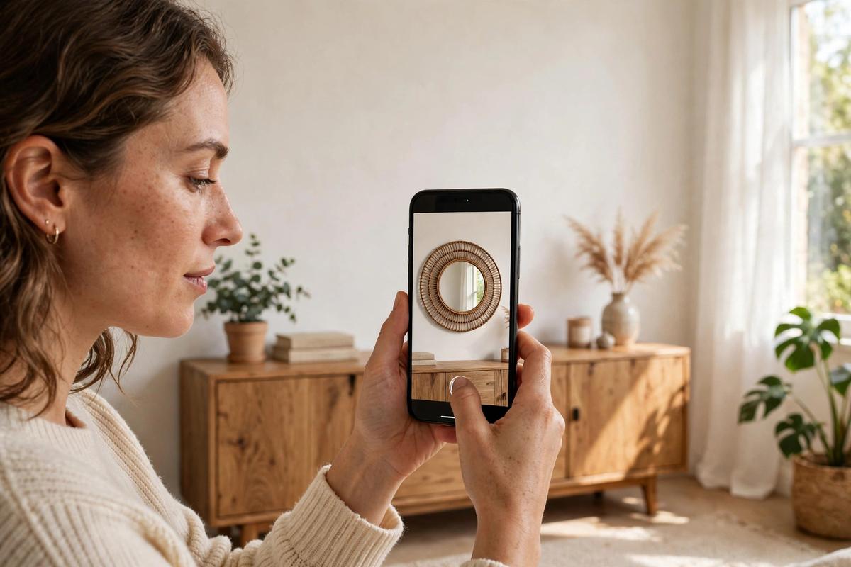 A woman holds up her phone showing a round rattan mirror at true-to-size scale above a wooden sideboard