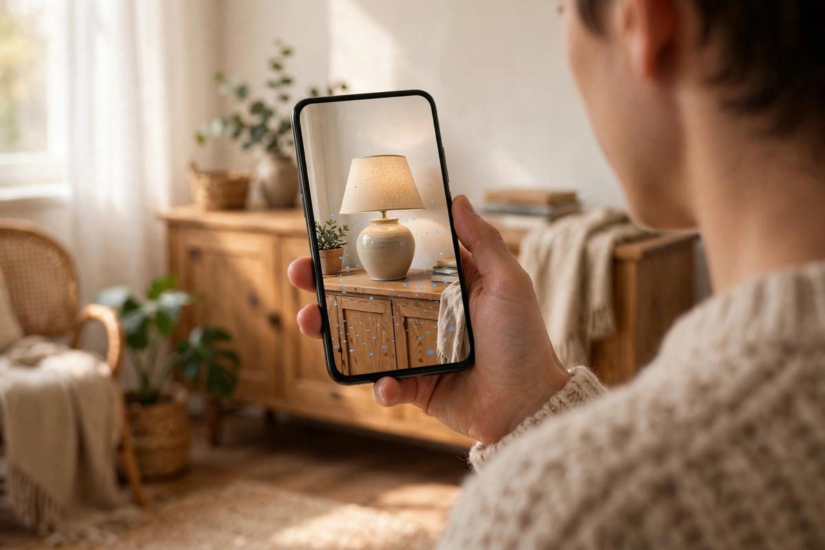 A shopper's hand holds a phone where a ceramic table lamp appears at true-to-size scale on a wooden sideboard