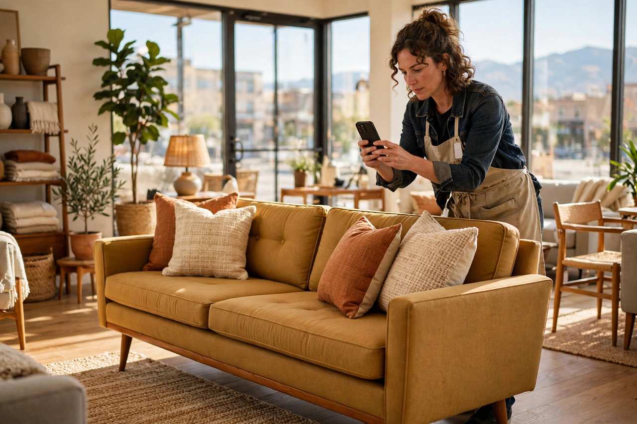 A furniture store owner photographing a mid-century style sofa in her showroom
