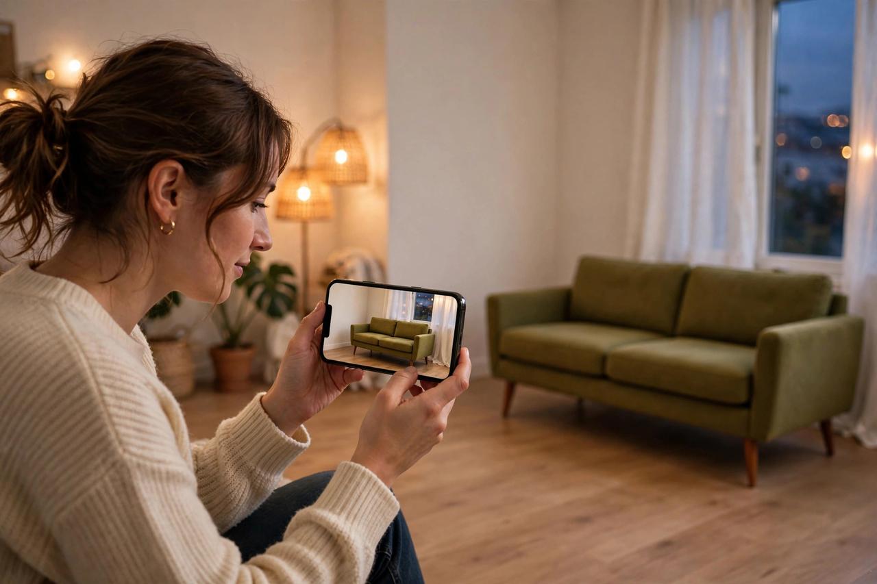 A shopper at home pointing her phone at an empty living room corner, a sofa appearing at true size on the phone screen
