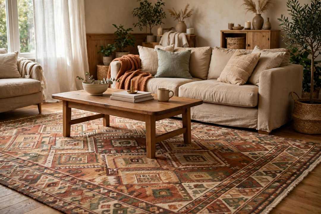 A patterned area rug laid true to size under a coffee table in a warm living room