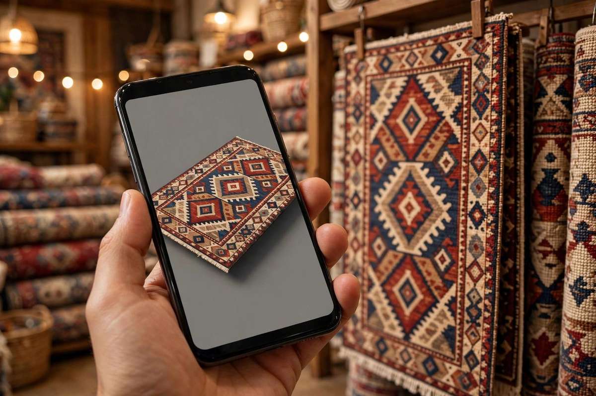 A phone showing a 3D rug viewer beside a real rug hanging in a rug store
