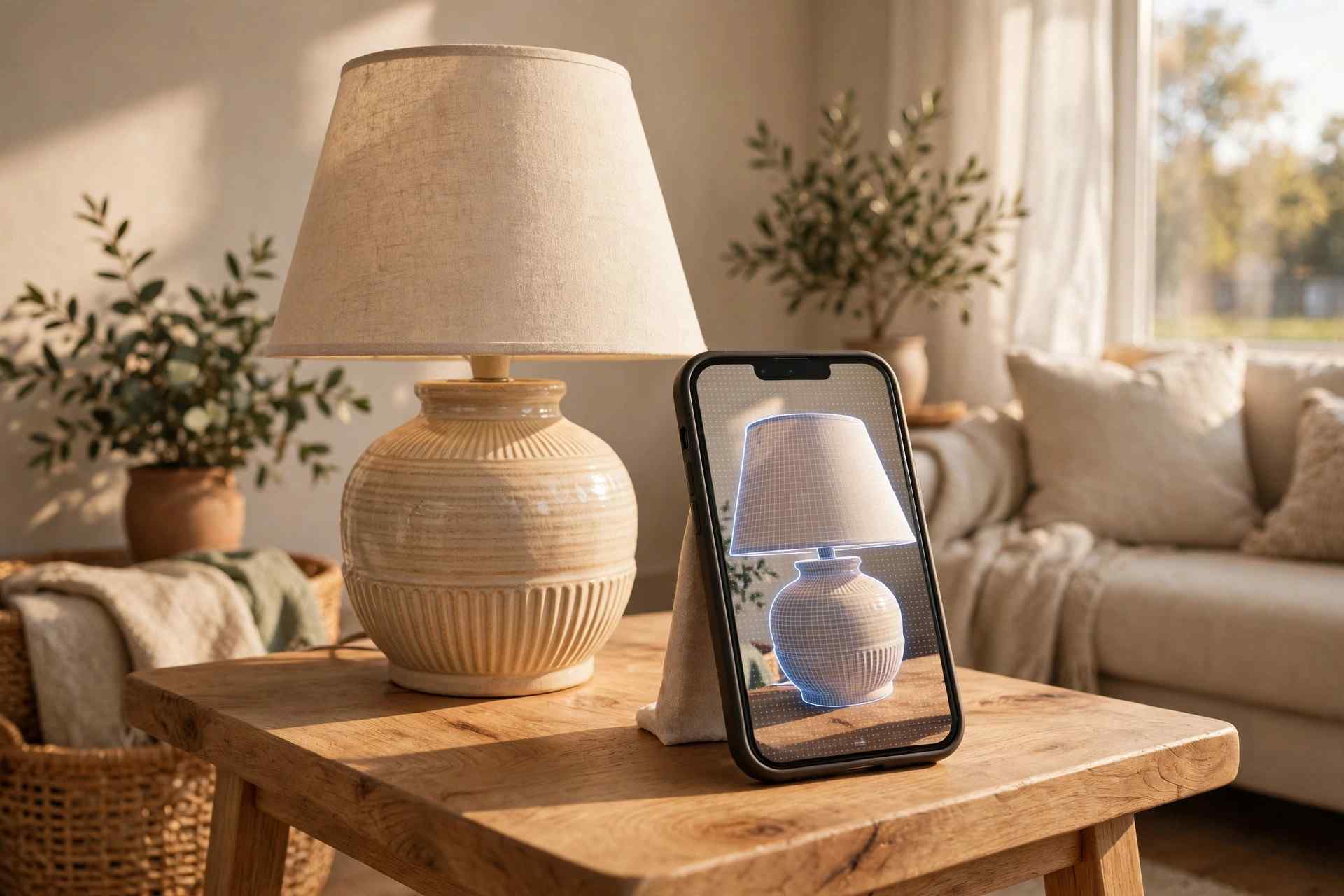 Ceramic table lamp on a side table in a warm living room, with a smartphone beside it showing the same lamp as a true-to-size AR overlay