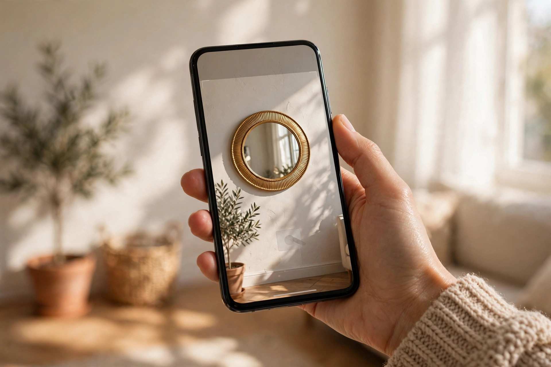 Shopper pointing a smartphone at a bare wall in a warm living room, phone showing a round mirror in true-to-size AR on the wall