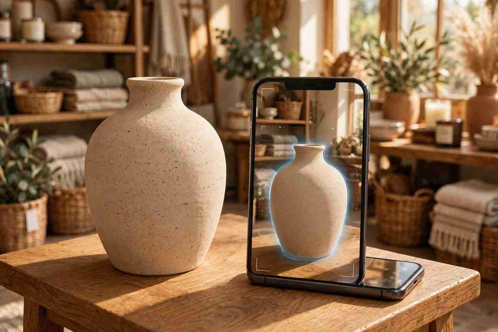 Real ceramic vase on a side table next to a smartphone showing the same vase in AR at identical true size