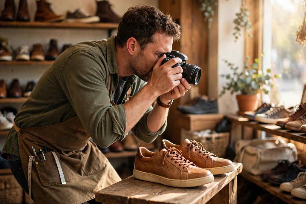 A shoe store owner photographing a pair of sneakers for the store's website