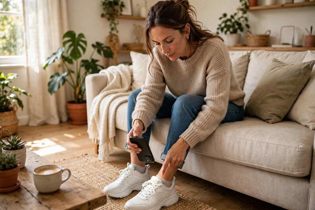 A shopper at home pointing her phone at her feet to try on a shoe