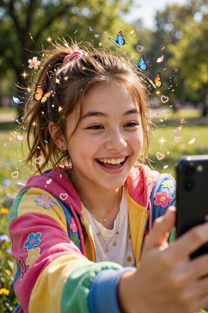 A young shopper playing with a fun AR lens on her phone in a park