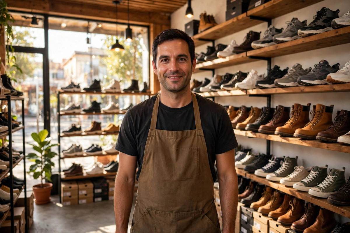 Shoe store owner in his bright sneaker shop, shelves of shoes behind him