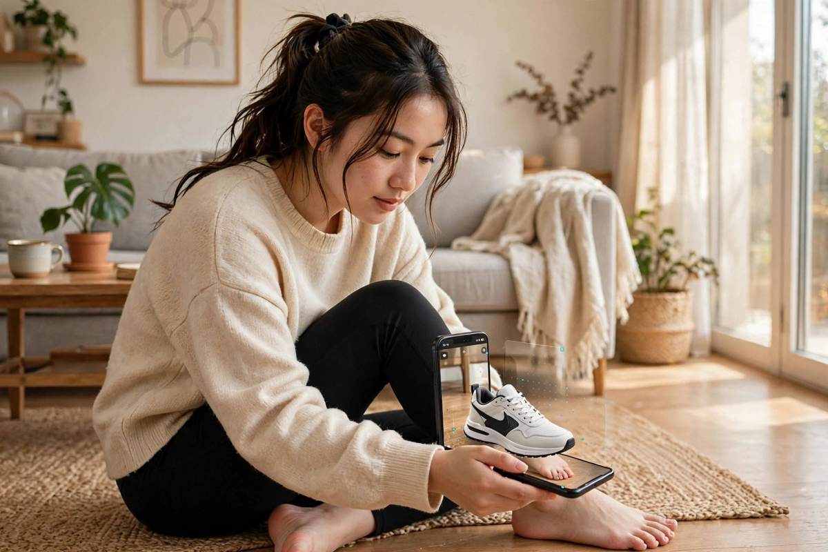 Shopper in a bright living room holding her phone toward her own foot, a sneaker appearing at true size on the screen
