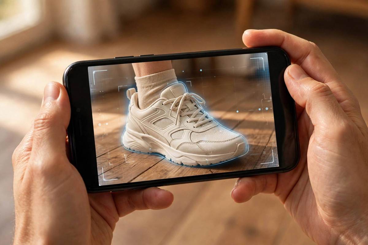 Close-up of hands holding a phone showing a sneaker overlaid at true scale on a foot