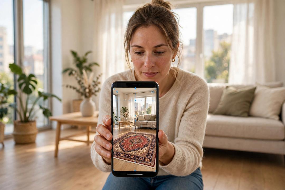 A woman in a bright living room holding her phone up as a Persian-patterned rug appears at true size on the floor in AR