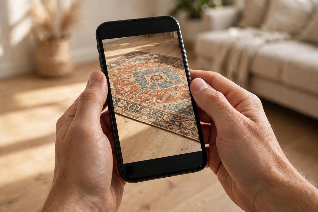 Close-up of hands holding a phone showing a vintage rug at true scale on the floor in AR