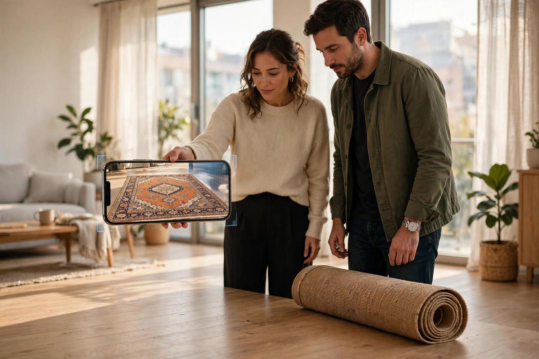 A couple checking a rolled rug on the floor while a phone shows the rug laid flat at true size in AR