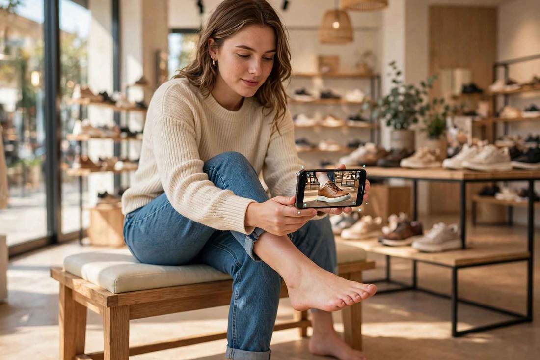 Shopper previewing a sneaker on her foot through her phone in a bright shoe store