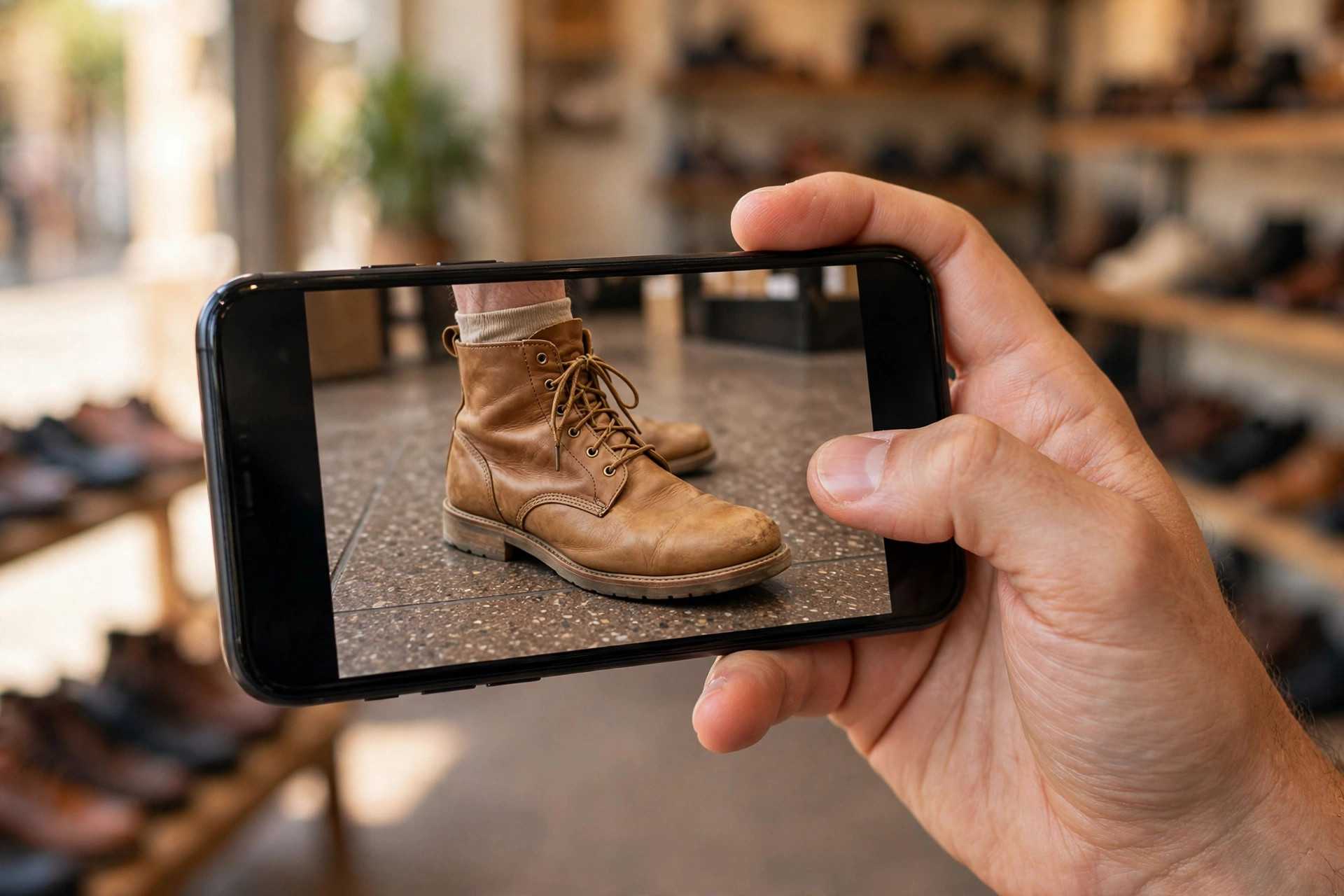 Phone screen showing a leather boot at true size in a virtual try-on