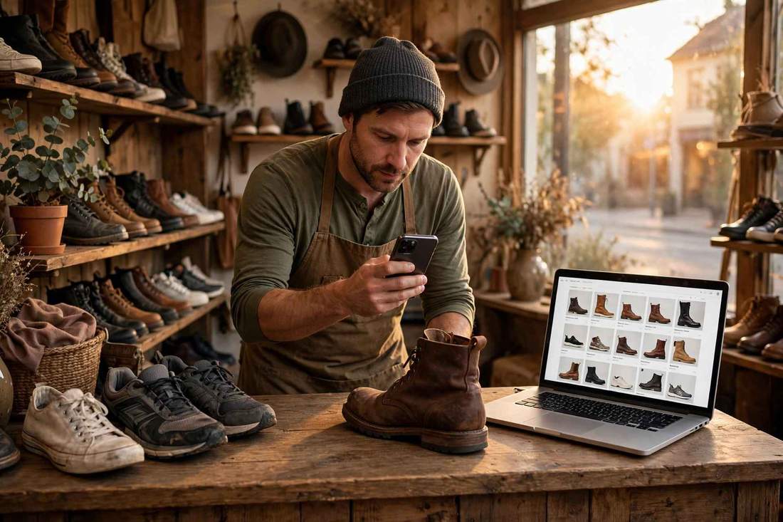 Shoe store owner photographing a boot at the counter with product photos on a laptop