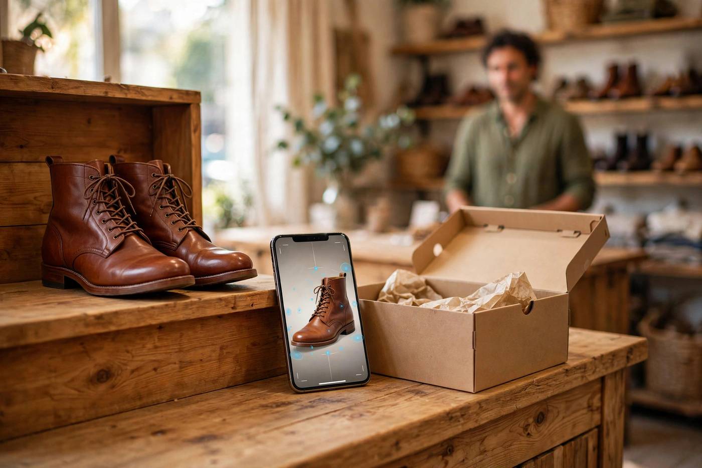 Leather boots on a shoe store counter beside a smartphone showing the same boot in true-to-size AR