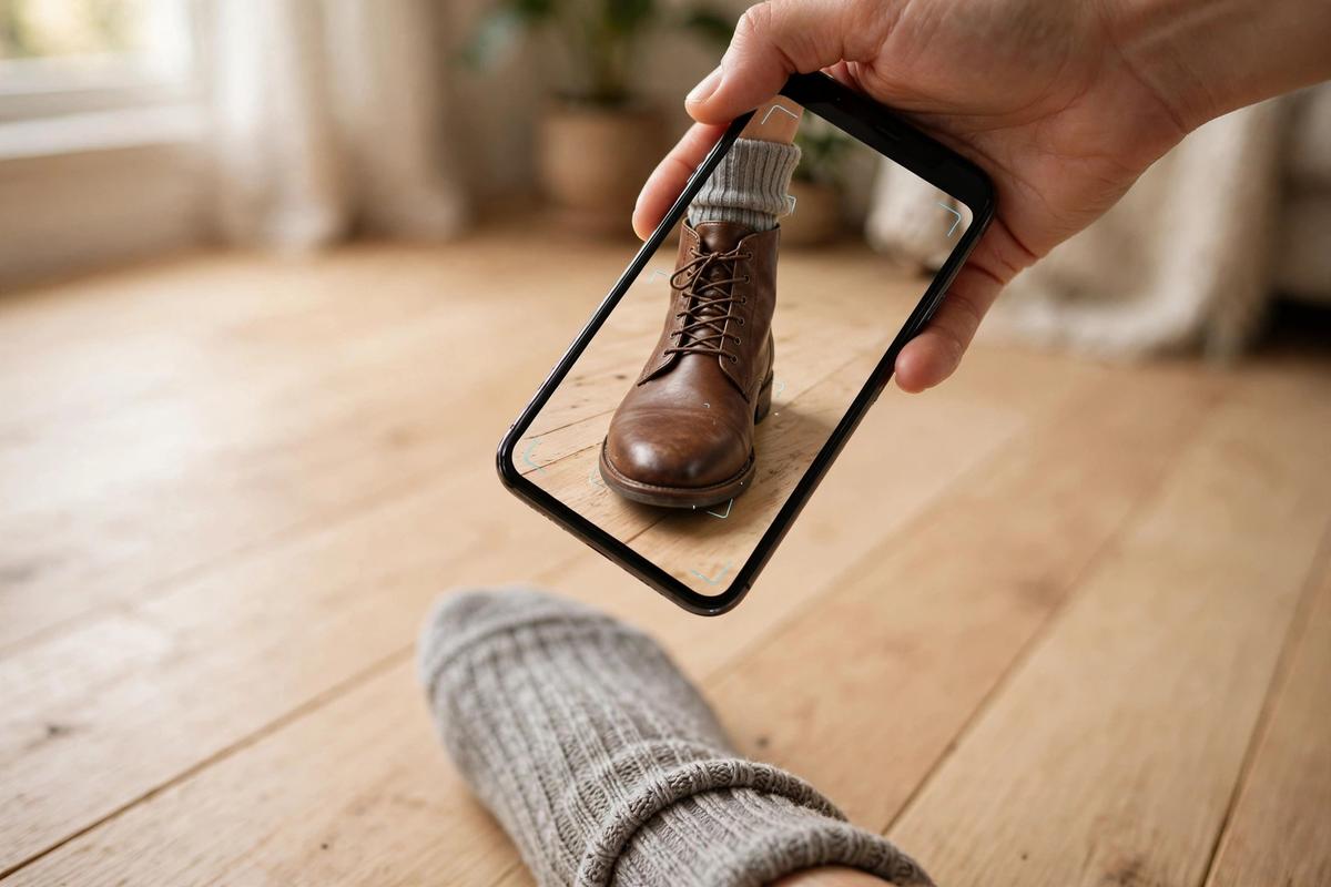Shopper pointing a smartphone at their foot with a true-to-size AR boot overlay