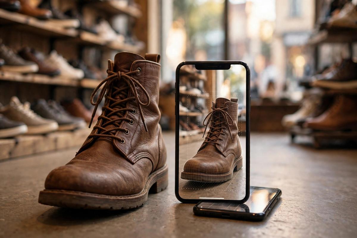 Real leather boot next to a phone showing the same boot in AR at identical true size