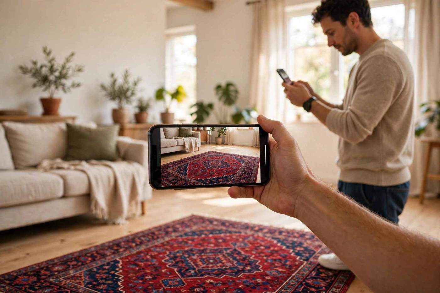Shopper holding a smartphone showing a Persian-style rug at true size on a bare wooden living room floor