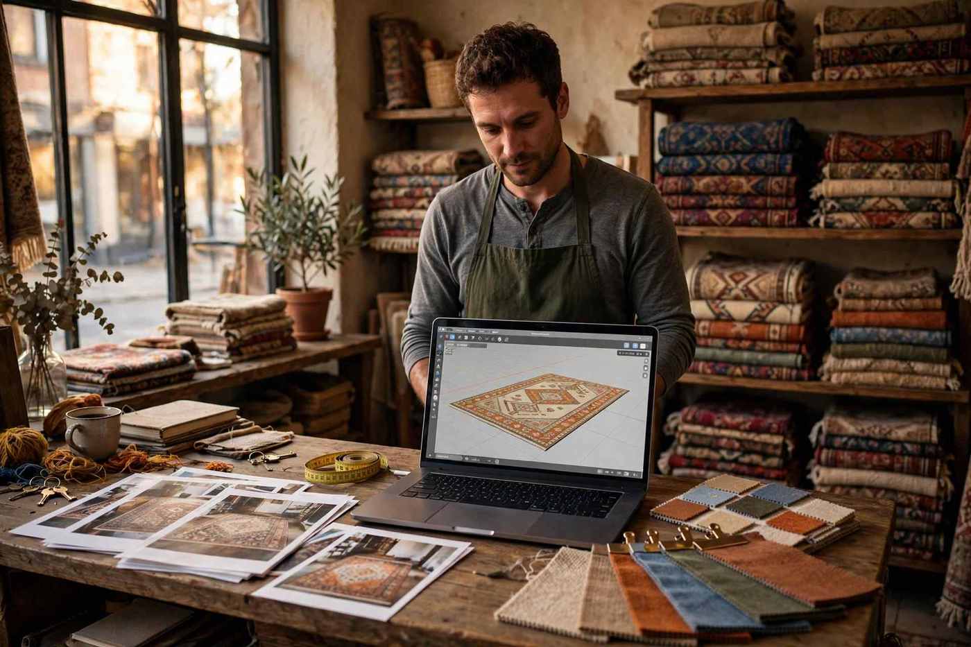 Rug shop owner at a desk with a laptop showing a rug in 3D preview, surrounded by product photos and a tape measure